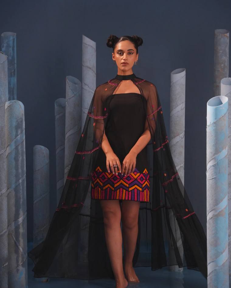 Sheer embroidered cape over mini dress