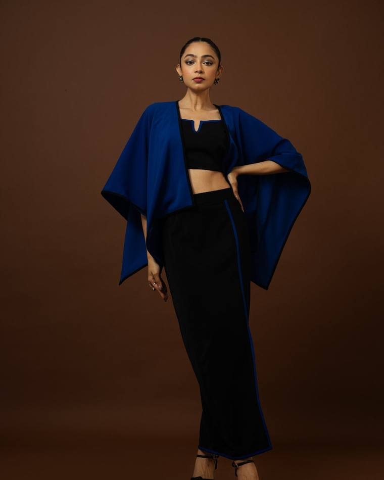 Cobalt cape with black skirt